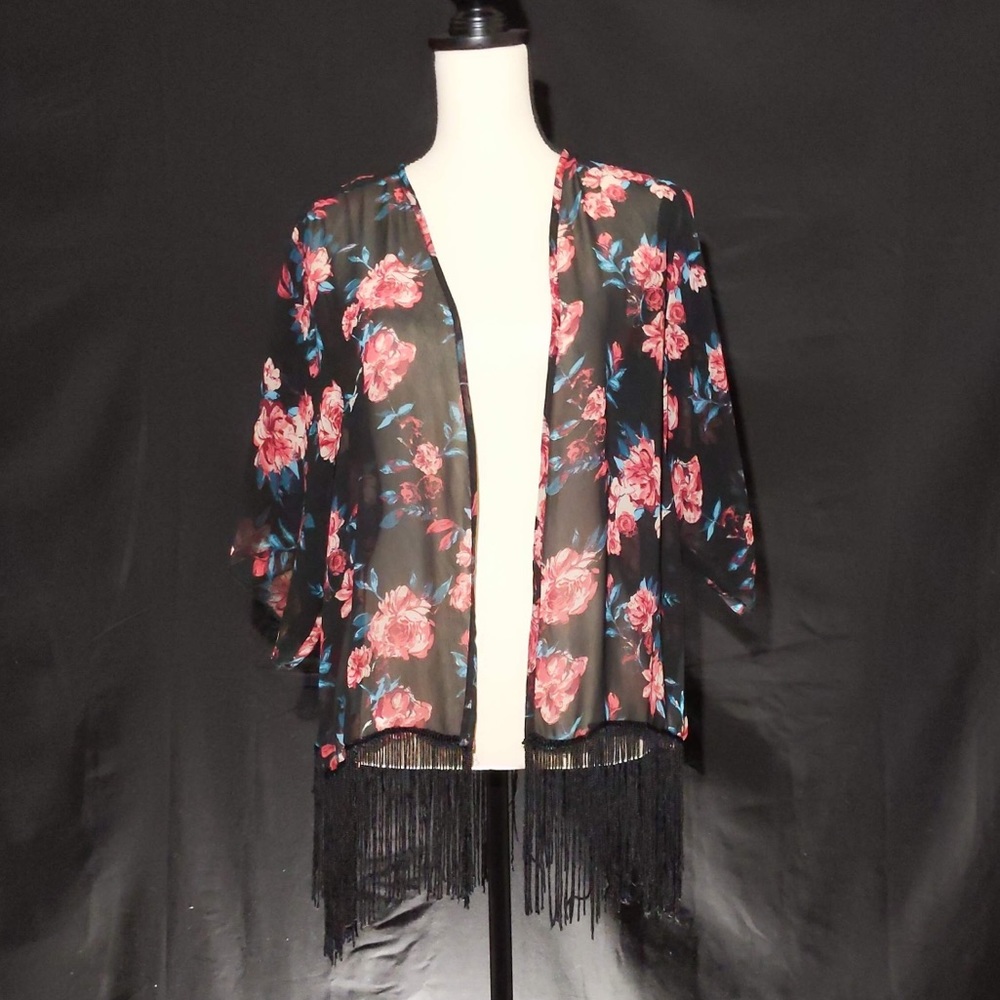 Charlotte Russe Floral Kimono with Fringed Hem